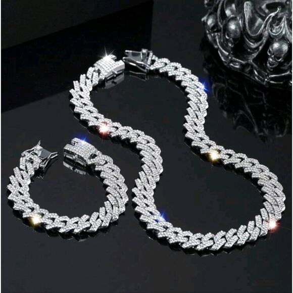 Silver White Iced Out Baguette Miami Cuban Bracelet Silver Plated Miami Cuban Iced Out Bracelet Necklace Set Christmas Birthday NEW!